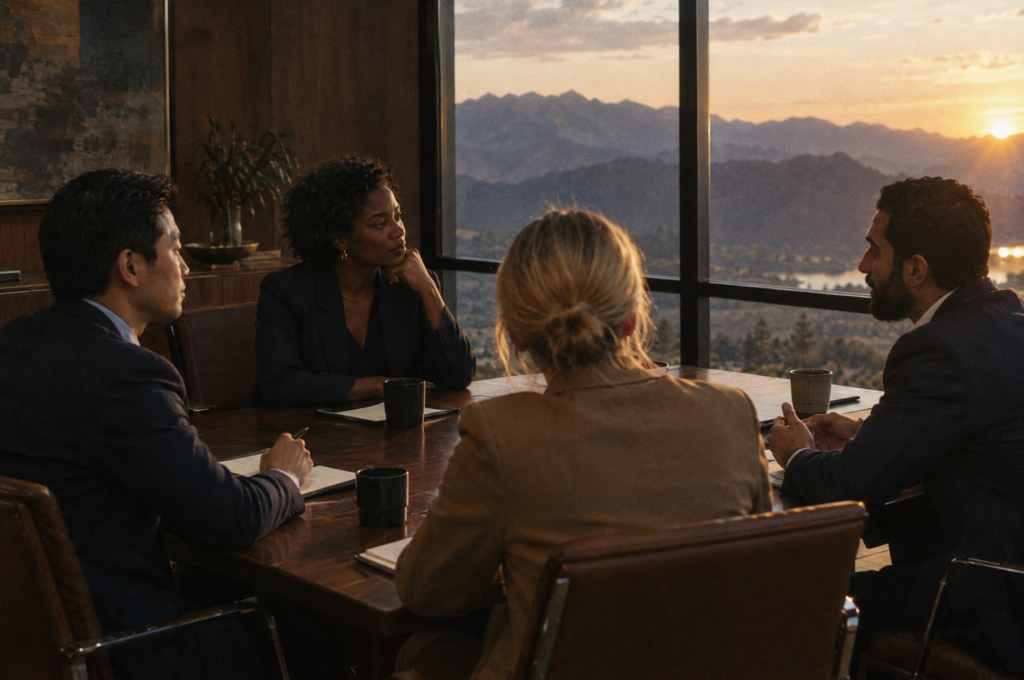 Executives in discussion at a boardroom table overlooking the mountains
